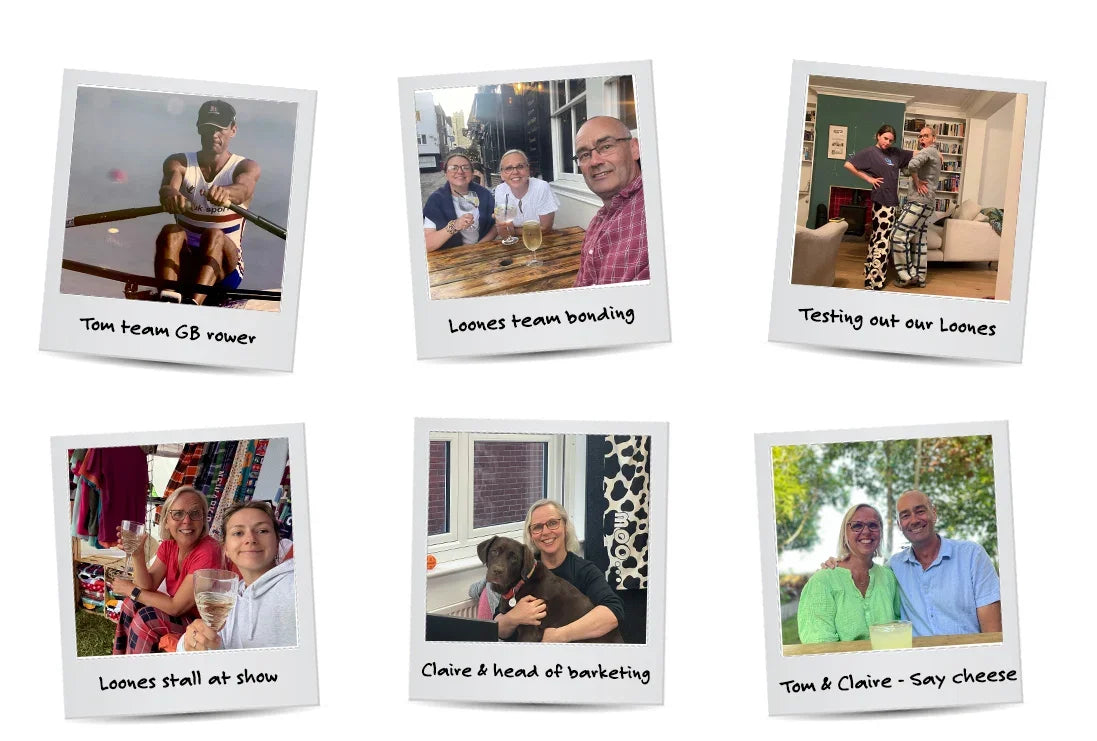 Collection of Polaroid-style photos showing people in various settings with text labels.