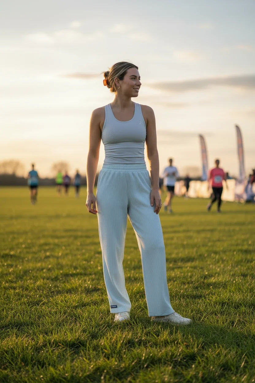 Woman standing on a grassy field with people in the background