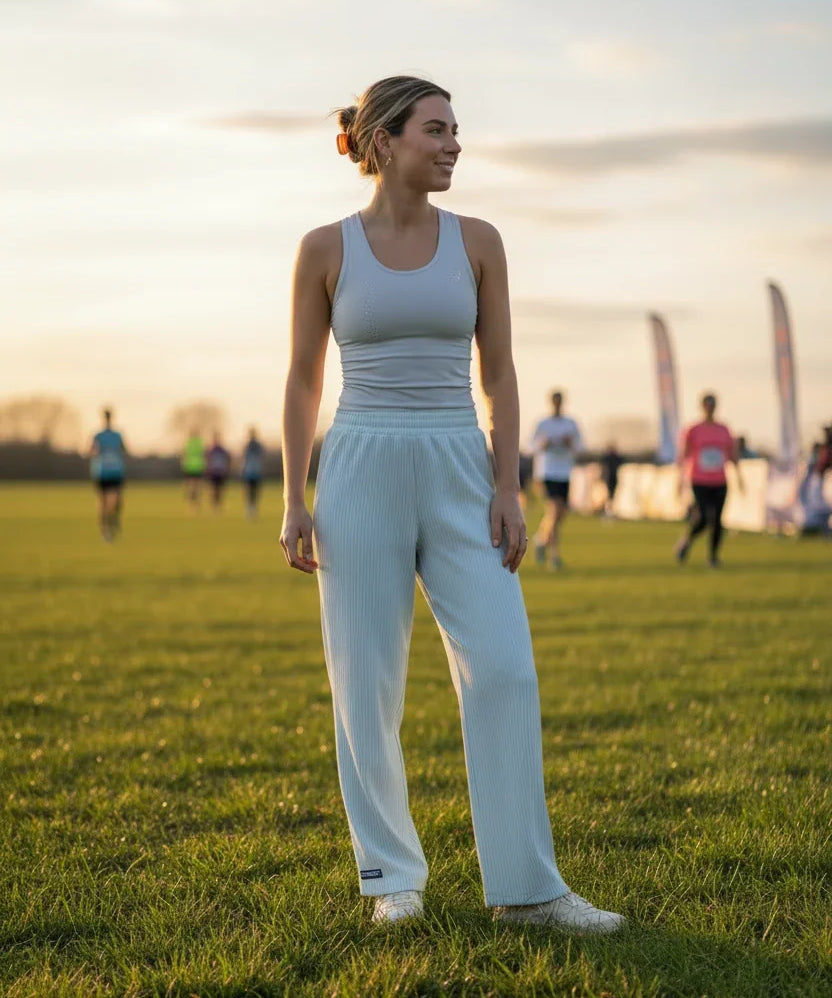 Woman standing on a grassy field with people in the background