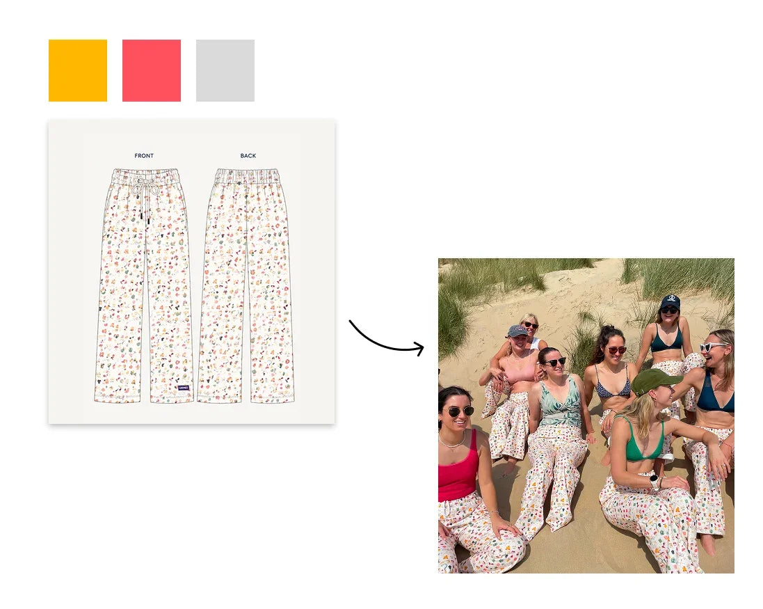 A product presentation showing a pair of women's wide-leg pants with a colorful floral print. On the left, a flat graphic shows the front and back views of the pants with a small blue logo near the hem.