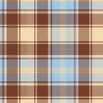 A repeating plaid pattern with light blue, beige, brown, and thin black lines in a classic tartan design.