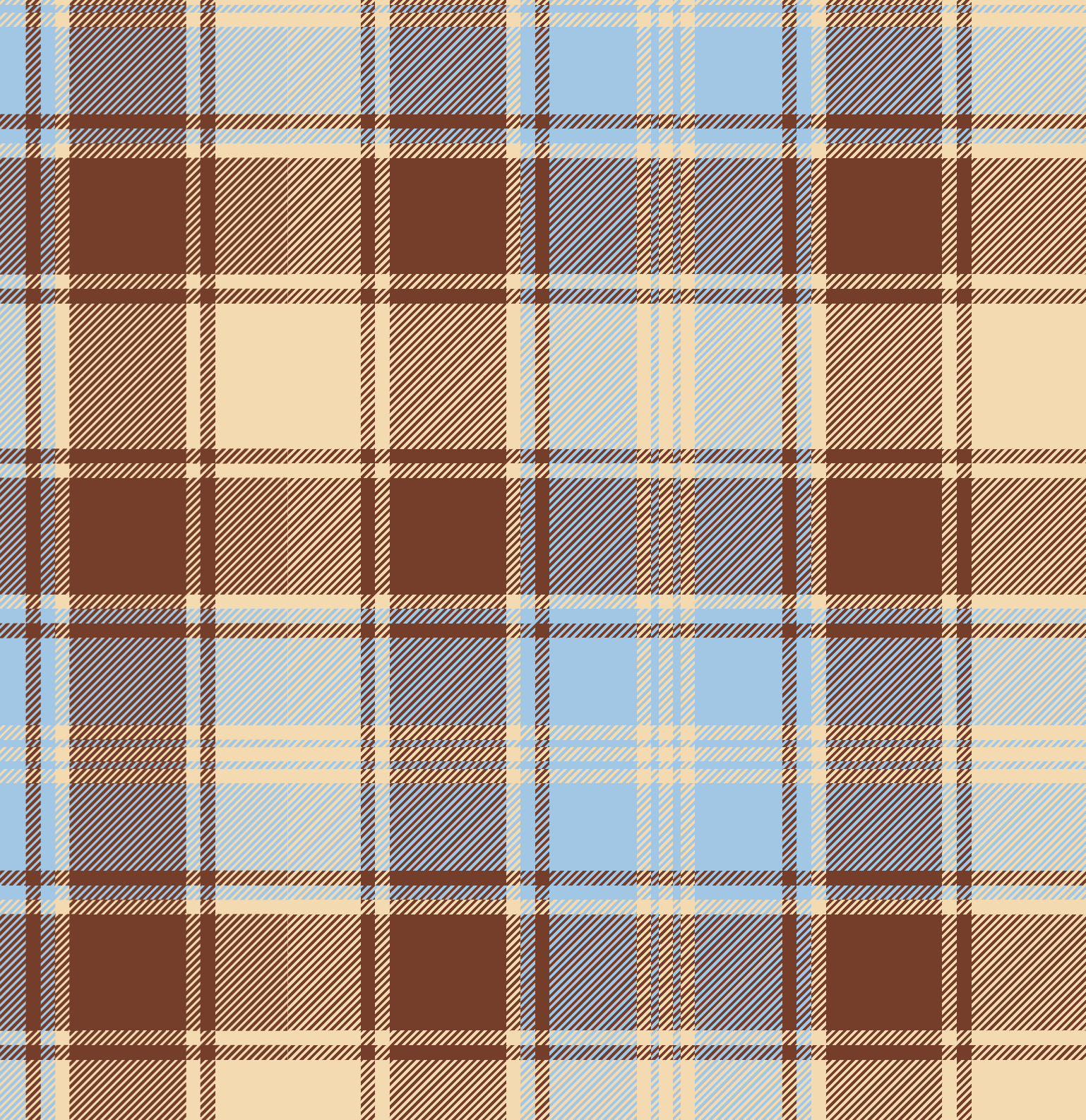 A repeating plaid pattern with light blue, beige, brown, and thin black lines in a classic tartan design.