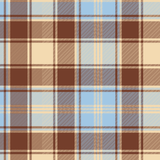A repeating plaid pattern with light blue, beige, brown, and thin black lines in a classic tartan design.