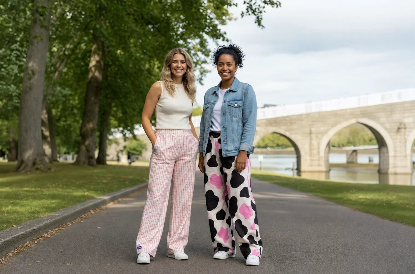 Two women standing on a path with a bridge and trees in the background