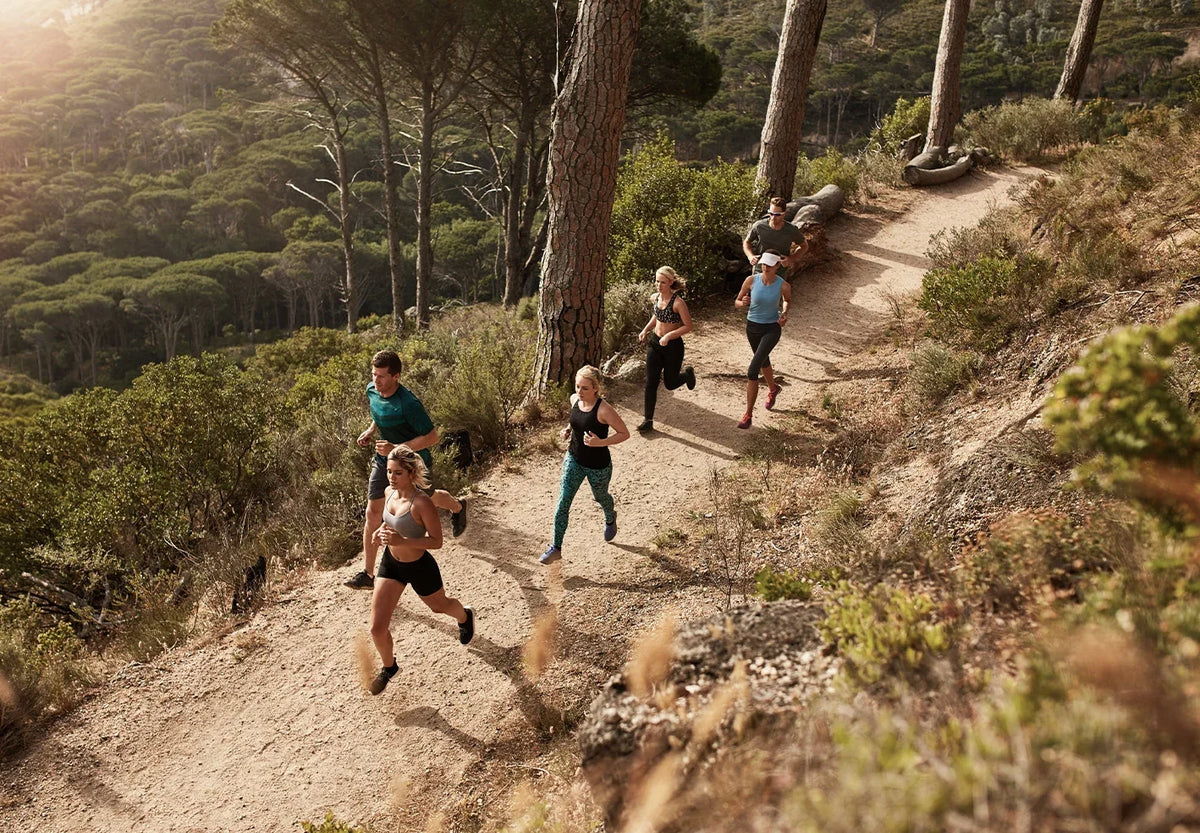 Group of runners on a trail in a forested area