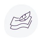 Purple icon of a feather and paper on a white background