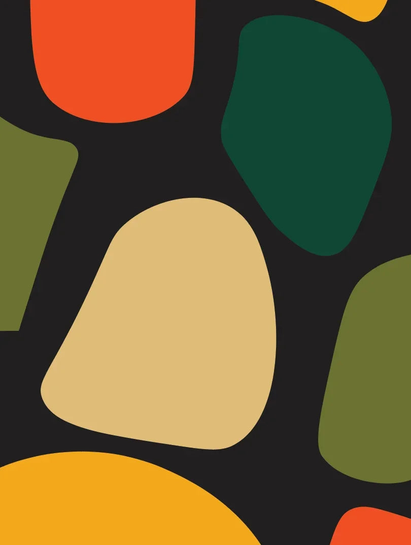 Abstract organic shapes in orange, dark green, olive green, and beige on a black background.