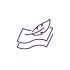 Icon of a feather quill pen on a piece of paper in purple outline.