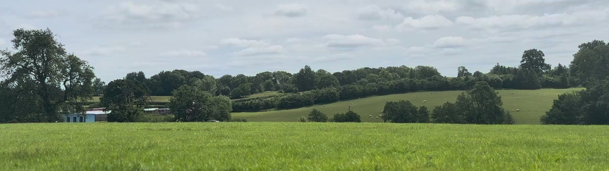 video of an English country landscape with 2 women walking across the field